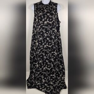 J Jill Size L Black Floral Ruffle Sleeveless Maxi Dress Smocked Neckline